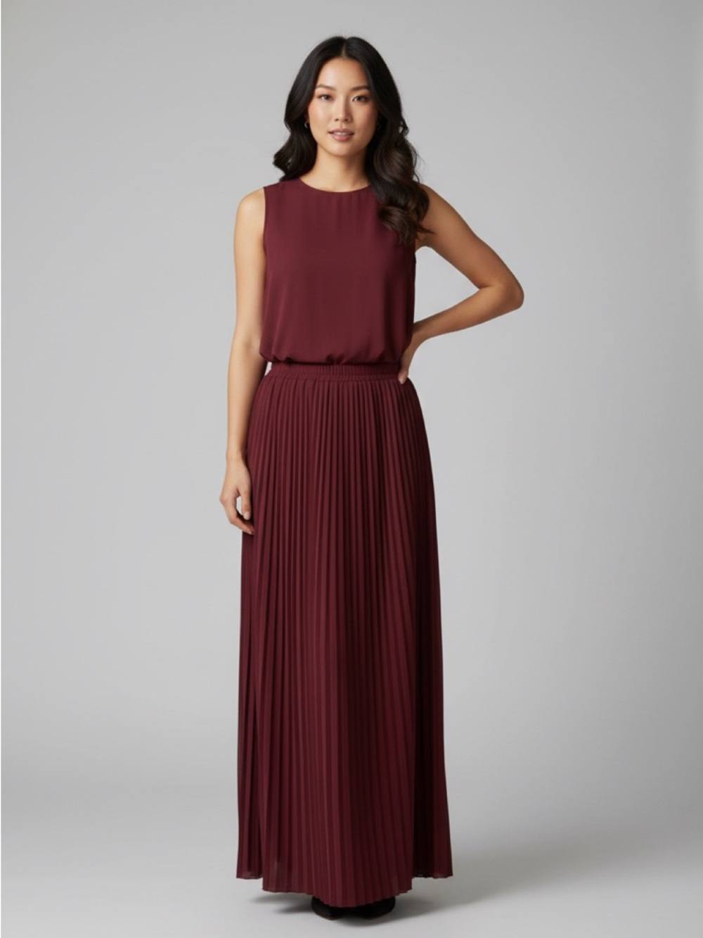 J. Peterman Burgundy Pleated Maxi Skirt merino wool